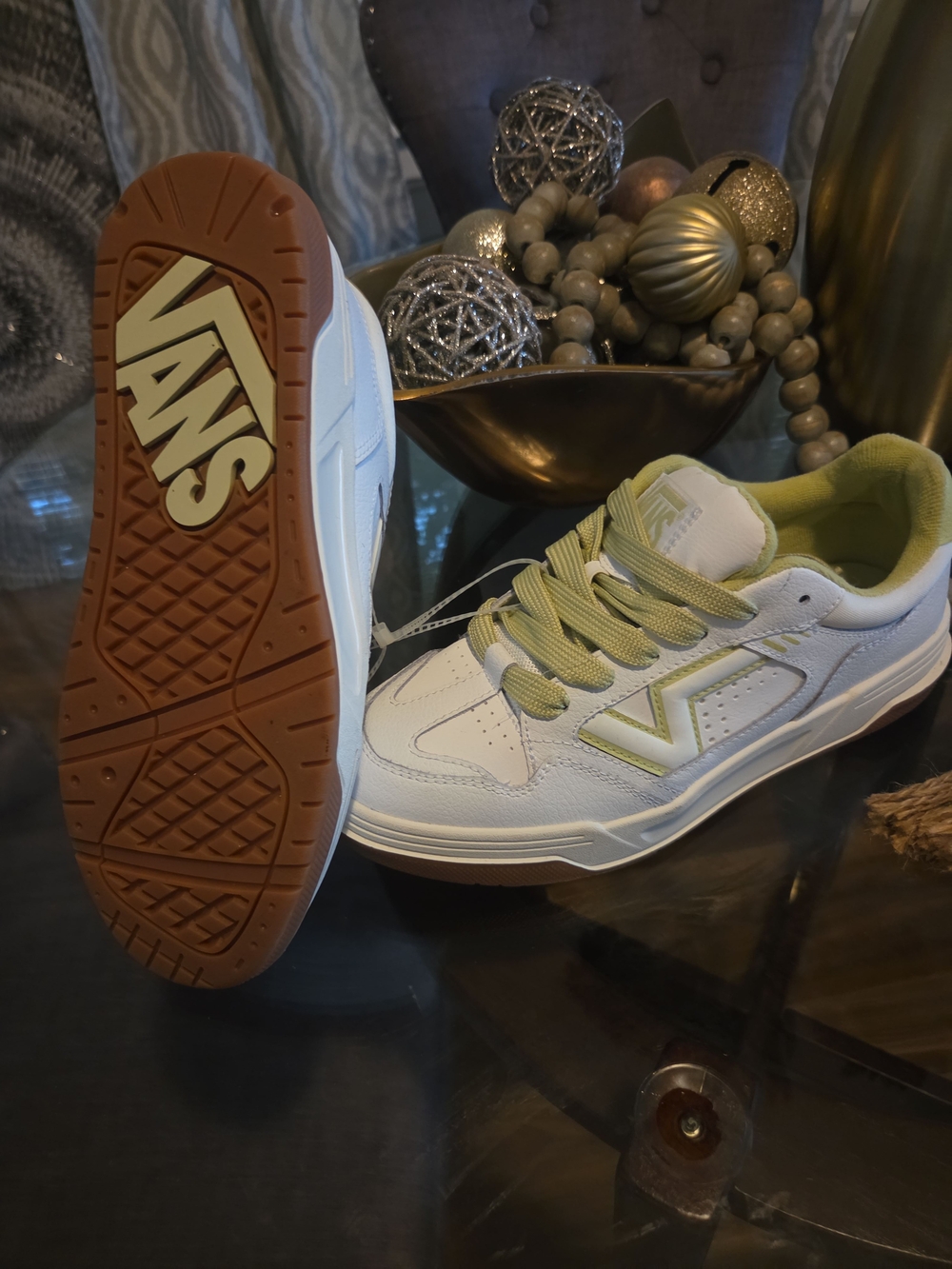 Vans Kids White and Olive Green Low-Top Skate Sneakers